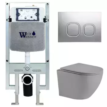 Комплект унитаза WeltWasser Merzbach 041 с инсталляцией AMBERG 497 ST серый матовый, с сиденьем микролифт и клавишей смыва AMBERG RD-CR хром