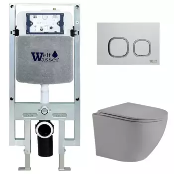 Комплект унитаза WeltWasser Merzbach 041 с инсталляцией AMBERG 497 ST серый матовый, с сиденьем микролифт и клавишей смыва AMBERG RD-MT CR хром матовый