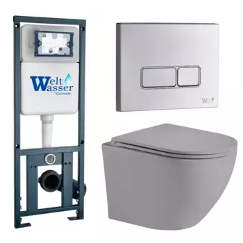 Комплект унитаза WeltWasser Merzbach 041 с инсталляцией MARBERG 410 серый матовый, с сиденьем микролифт и клавишей смыва MAR 410 SE хром