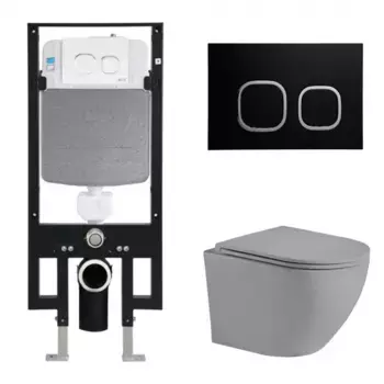Комплект унитаза WeltWasser Merzbach 041 с инсталляцией AMBERG 497 серый матовый, с сиденьем микролифт и клавишей смыва AMBERG RD-BL черный матовый