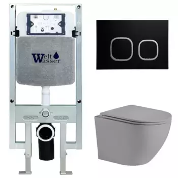 Комплект унитаза WeltWasser Merzbach 041 с инсталляцией AMBERG 497 ST серый матовый, с сиденьем микролифт и клавишей смыва AMBERG RD-BL черный матовый