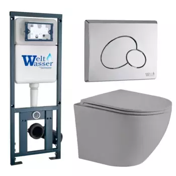 Комплект унитаза WeltWasser Merzbach 041 с инсталляцией MARBERG 410 серый матовый, с сиденьем микролифт и клавишей смыва MAR 410 RD хром