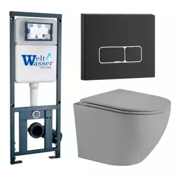 Комплект унитаза WeltWasser Merzbach 041 с инсталляцией MARBERG 410 серый матовый, с сиденьем микролифт и клавишей смыва MAR 410 SE MT-BL черный матовый