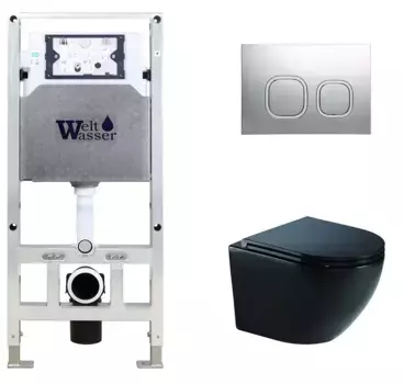 Комплект унитаза WeltWasser Merzbach 041 XL с инсталляцией AMBERG 506 ST черный матовый, с сиденьем микролифт и клавишей смыва AMBERG RD-MT CR хром матовый