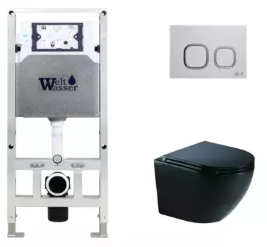 Комплект унитаза WeltWasser Merzbach 041 XL с инсталляцией AMBERG 506 ST черный матовый, с сиденьем микролифт и клавишей смыва AMBERG RD-WT белый