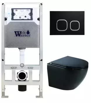 Комплект унитаза WeltWasser Merzbach 041 XL с инсталляцией AMBERG 506 ST черный матовый, с сиденьем микролифт и клавишей смыва AMBERG RD-BL черный матовый