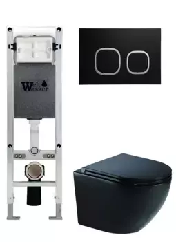 Комплект унитаза WeltWasser Merzbach 041 XL с инсталляцией AMBERG 350 ST черный матовый, с сиденьем микролифт и клавишей смыва AMBERG RD-BL черный матовый