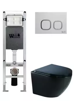 Комплект унитаза WeltWasser Merzbach 041 XL с инсталляцией AMBERG 350 ST черный матовый, с сиденьем микролифт и клавишей смыва AMBERG RD-WT белый