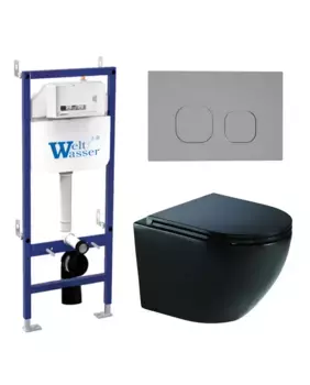 Комплект унитаза WeltWasser Merzbach 041 XL с инсталляцией BAMBERG 460 черный матовый, с сиденьем микролифт и клавишей смыва BAMBERG CR хром