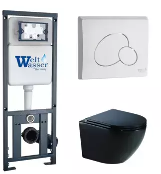 Комплект унитаза WeltWasser Merzbach 041 XL с инсталляцией MARBERG 410 черный матовый, с сиденьем микролифт и клавишей смыва MAR 410 RD GL-WT белый
