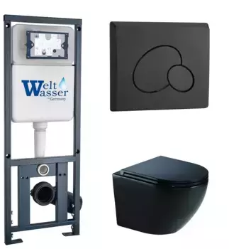 Комплект унитаза WeltWasser Merzbach 041 XL с инсталляцией MARBERG 410 черный матовый, с сиденьем микролифт и клавишей смыва MAR 410 RD MT-BL черный матовый