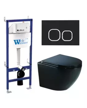 Комплект унитаза WeltWasser Merzbach 041 XL с инсталляцией BAMBERG 460 черный матовый, с сиденьем микролифт и клавишей смыва BAMBERG BL черный матовый