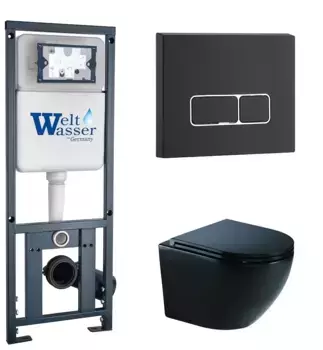 Комплект унитаза WeltWasser Merzbach 041 XL с инсталляцией MARBERG 410 черный матовый, с сиденьем микролифт и клавишей смыва MAR 410 SE MT-BL черный матовый