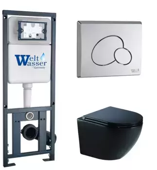 Комплект унитаза WeltWasser Merzbach 041 XL с инсталляцией MARBERG 410 черный матовый, с сиденьем микролифт и клавишей смыва MAR 410 RD хром