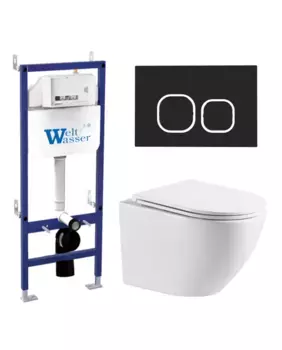 Комплект унитаза WeltWasser Merzbach 041 XL с инсталляцией BAMBERG 460 белый, с сиденьем микролифт и клавишей смыва BAMBERG BL черный матовый