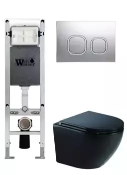 Комплект унитаза WeltWasser Merzbach 041 XL с инсталляцией AMBERG 350 ST черный матовый, с сиденьем микролифт и клавишей смыва AMBERG RD-CR хром
