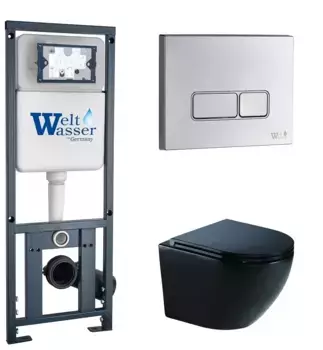 Комплект унитаза WeltWasser Merzbach 041 XL с инсталляцией MARBERG 410 черный матовый, с сиденьем микролифт и клавишей смыва MAR 410 SE хром