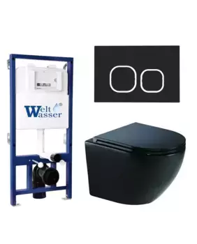Комплект унитаза WeltWasser Merzbach 041 XL с инсталляцией BAMBERG 525 черный матовый, с сиденьем микролифт и клавишей смыва BAMBERG BL черный матовый