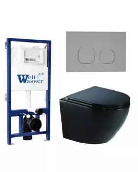 Комплект унитаза WeltWasser Merzbach 041 XL с инсталляцией BAMBERG 525 черный матовый, с сиденьем микролифт и клавишей смыва BAMBERG CR хром