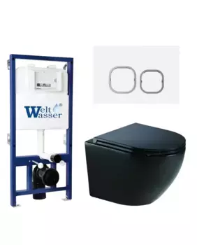 Комплект унитаза WeltWasser Merzbach 041 XL с инсталляцией BAMBERG 525 черный матовый, с сиденьем микролифт и клавишей смыва BAMBERG WT белый