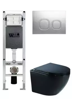 Комплект унитаза WeltWasser Merzbach 041 XL с инсталляцией AMBERG 350 ST черный матовый, с сиденьем микролифт и клавишей смыва AMBERG RD-MT CR хром матовый
