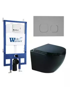 Комплект унитаза WeltWasser Merzbach 041 XL с инсталляцией BAMBERG 545 черный матовый, с сиденьем микролифт и клавишей смыва BAMBERG CR хром