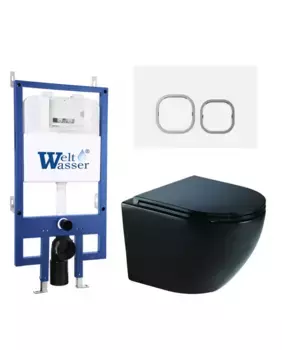 Комплект унитаза WeltWasser Merzbach 041 XL с инсталляцией BAMBERG 545 черный матовый, с сиденьем микролифт и клавишей смыва BAMBERG WT белый