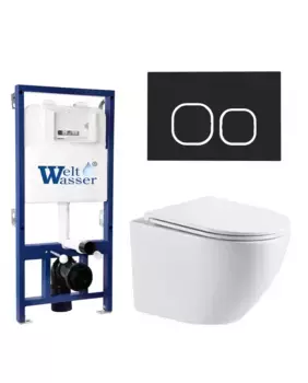 Комплект унитаза WeltWasser Merzbach 041 XL с инсталляцией BAMBERG 525 белый, с сиденьем микролифт и клавишей смыва BAMBERG BL черный матовый