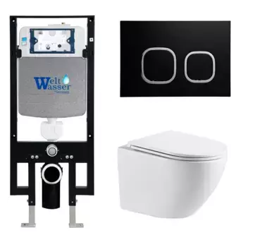 Комплект унитаза WeltWasser Merzbach 041 XL с инсталляцией AMBERG 497 белый, с сиденьем микролифт и клавишей смыва AMBERG RD-BL черный матовый