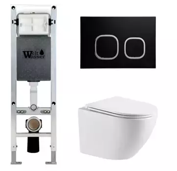 Комплект унитаза WeltWasser Merzbach 041 XL с инсталляцией AMBERG 350 ST белый, с сиденьем микролифт и клавишей смыва AMBERG RD-BL черный матовый