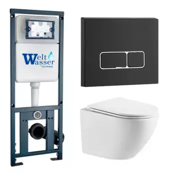 Комплект унитаза WeltWasser Merzbach 041 XL с инсталляцией MARBERG 410 белый, с сиденьем микролифт и клавишей смыва MAR 410 SE MT-BL черный матовый