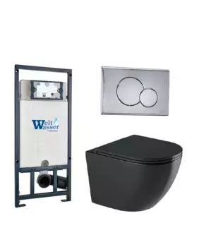 Комплект унитаза WeltWasser Merzbach 041 XL с инсталляцией MARBERG 507 черный матовый, с сиденьем микролифт и клавишей смыва MAR 507 RD хром