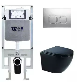 Комплект унитаза WeltWasser Merzbach 041 XL с инсталляцией AMBERG 497 ST черный матовый, с сиденьем микролифт и клавишей смыва AMBERG RD-CR хром