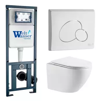 Комплект унитаза WeltWasser Merzbach 041 XL с инсталляцией MARBERG 410 белый, с сиденьем микролифт и клавишей смыва MAR 410 RD GL-WT белый