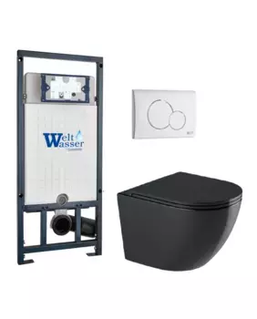 Комплект унитаза WeltWasser Merzbach 041 XL с инсталляцией MARBERG 507 черный матовый, с сиденьем микролифт и клавишей смыва MAR 507 RD GL-WT белый