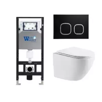 Комплект унитаза WeltWasser Merzbach 041 XL с инсталляцией AMBERG 506 белый, с сиденьем микролифт и клавишей смыва AMBERG RD-BL черный матовый