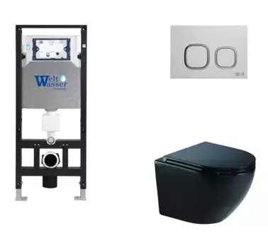 Комплект унитаза WeltWasser Merzbach 041 XL с инсталляцией AMBERG 506 черный матовый, с сиденьем микролифт и клавишей смыва AMBERG RD-WT белый