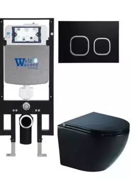 Комплект унитаза WeltWasser Merzbach 041 XL с инсталляцией AMBERG 497 черный матовый, с сиденьем микролифт и клавишей смыва AMBERG RD-BL черный матовый