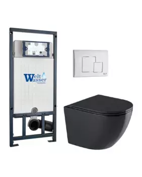Комплект унитаза WeltWasser Merzbach 041 XL с инсталляцией MARBERG 507 черный матовый, с сиденьем микролифт и клавишей смыва MAR 507 SE GL-WT белый