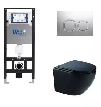 Комплект унитаза WeltWasser Merzbach 041 XL с инсталляцией AMBERG 506 черный матовый, с сиденьем микролифт и клавишей смыва AMBERG RD-CR хром
