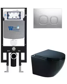 Комплект унитаза WeltWasser Merzbach 041 XL с инсталляцией AMBERG 497 черный матовый, с сиденьем микролифт и клавишей смыва AMBERG RD-CR хром