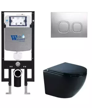 Комплект унитаза WeltWasser Merzbach 041 XL с инсталляцией AMBERG 497 черный матовый, с сиденьем микролифт и клавишей смыва AMBERG RD-MT CR хром матовый