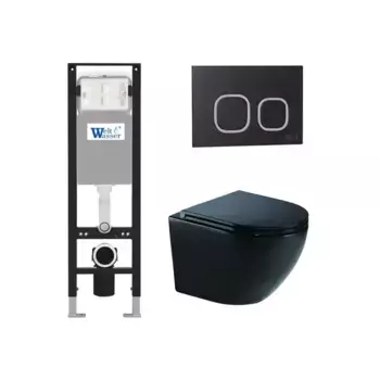 Комплект унитаза WeltWasser Merzbach 041 XL с инсталляцией AMBERG 350 черный матовый, с сиденьем микролифт и клавишей смыва AMBERG RD-BL черный матовый