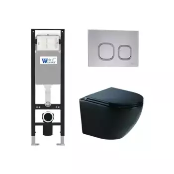 Комплект унитаза WeltWasser Merzbach 041 XL с инсталляцией AMBERG 350 черный матовый, с сиденьем микролифт и клавишей смыва AMBERG RD-CR хром