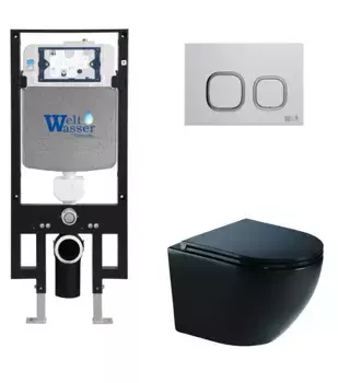 Комплект унитаза WeltWasser Merzbach 041 XL с инсталляцией AMBERG 497 черный матовый, с сиденьем микролифт и клавишей смыва AMBERG RD-WT белый