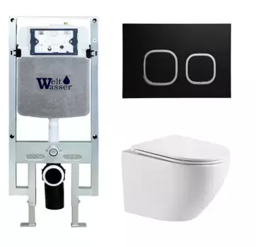 Комплект унитаза WeltWasser Merzbach 041 XL с инсталляцией AMBERG 497 ST белый, с сиденьем микролифт и клавишей смыва AMBERG RD-BL черный матовый