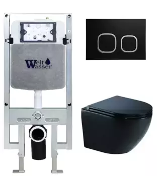 Комплект унитаза WeltWasser Merzbach 041 XL с инсталляцией AMBERG 497 ST черный матовый, с сиденьем микролифт и клавишей смыва AMBERG RD-BL черный матовый