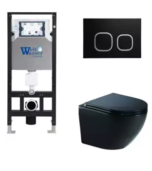 Комплект унитаза WeltWasser Merzbach 041 XL с инсталляцией AMBERG 506 черный матовый, с сиденьем микролифт и клавишей смыва AMBERG RD-BL черный матовый