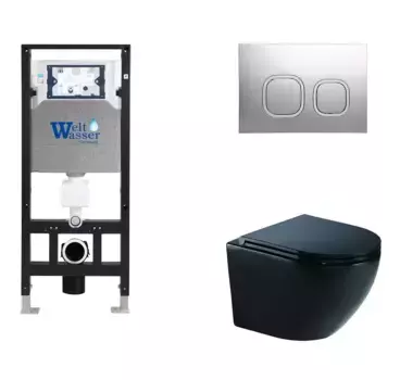 Комплект унитаза WeltWasser Merzbach 041 XL с инсталляцией AMBERG 506 черный матовый, с сиденьем микролифт и клавишей смыва AMBERG RD-MT CR хром матовый