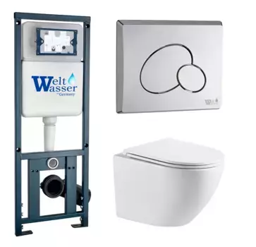 Комплект унитаза WeltWasser Merzbach 041 XL с инсталляцией MARBERG 410 белый, с сиденьем микролифт и клавишей смыва MAR 410 RD хром